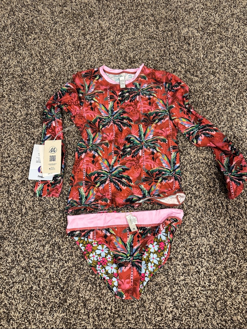 Maaji Red Tropical Palm Long-Sleeve Rashguard Set with Pink Accents